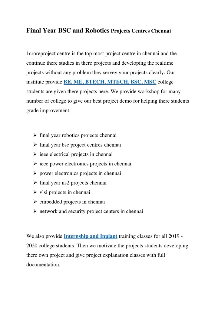 final year bsc and robotics projects centres