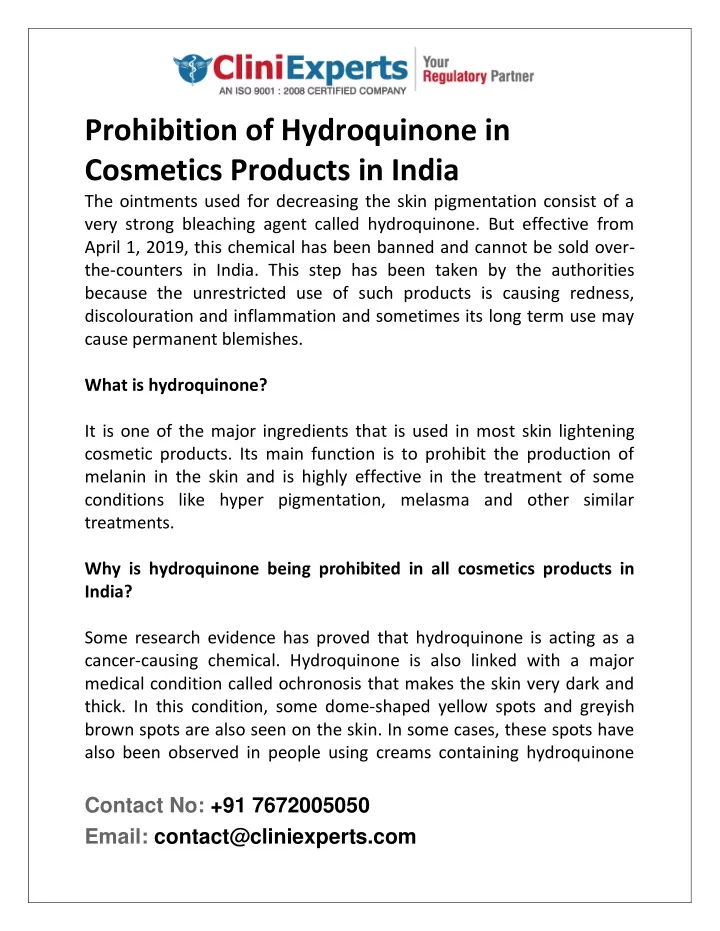 prohibition of hydroquinone in cosmetics products