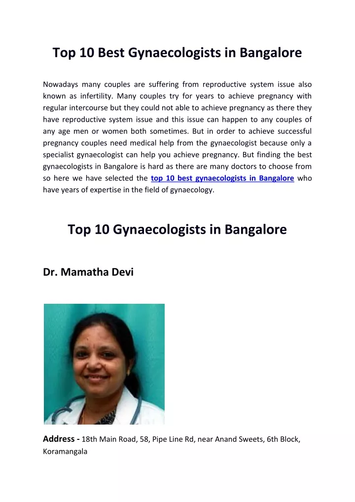 top 10 best gynaecologists in bangalore