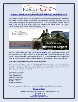 Popular Services Provided By the Minicab Wembley Park