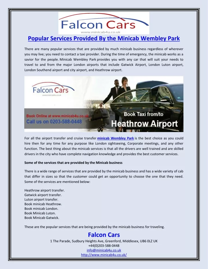 popular services provided by the minicab wembley