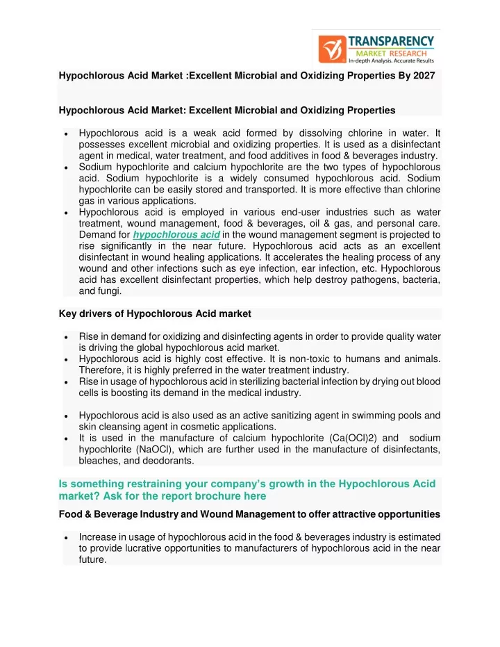 hypochlorous acid market excellent microbial