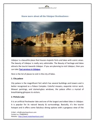 Know more about all the Udaipur Destinations:-