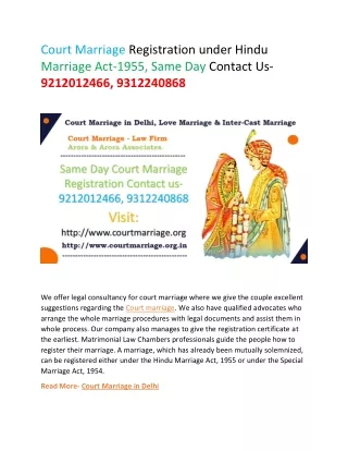 Court Marriage Registration under Hindu Marriage Act-1955, Same Day Contact 9212012466, 9312240868