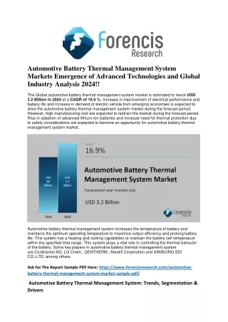 Automotive Battery Thermal Management System Market Global Industry Analysis, Competitive Insight And Key Drivers; Resea