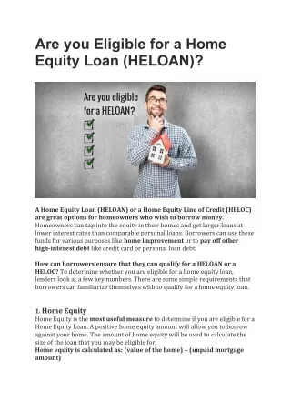 Are you Eligible for a Home Equity Loan (HELOAN)?