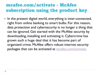 mcafee.com/activate - McAfee subscription using the product key