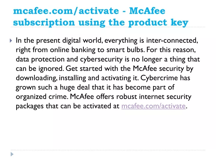 mcafee com activate mcafee subscription using the product key