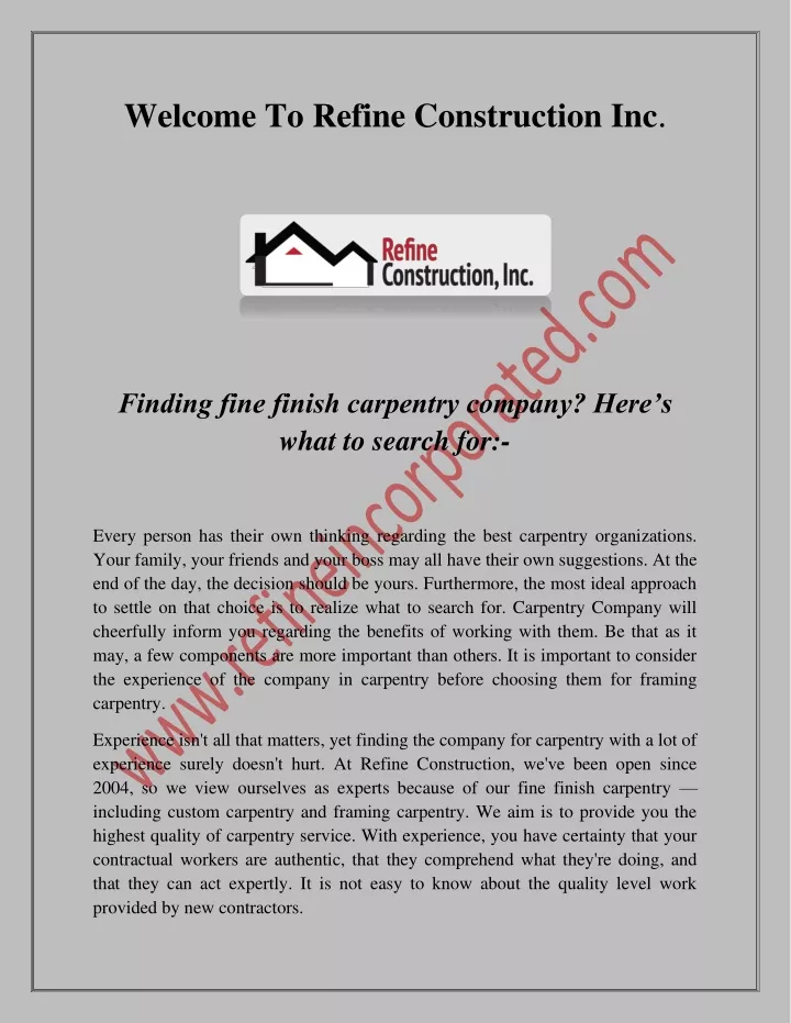 welcome to refine construction inc