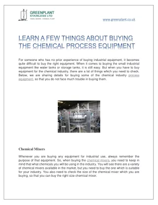 LEARN A FEW THINGS ABOUT BUYING THE CHEMICAL PROCESS EQUIPMENT