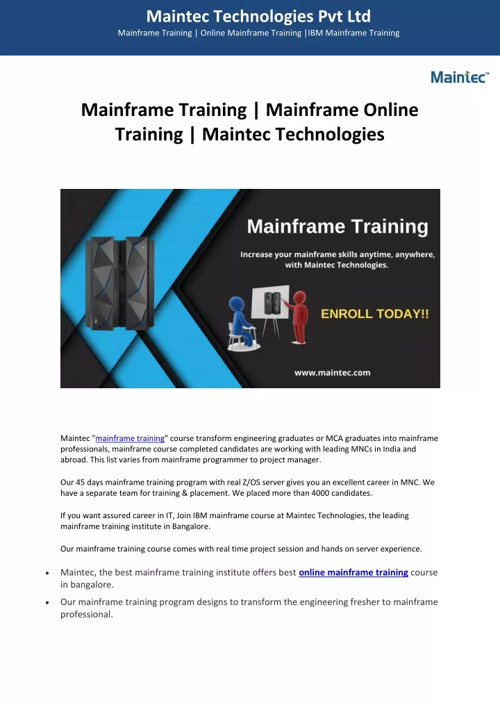 maintec technologies pvt ltd mainframe training