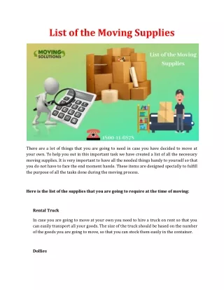 List of the Moving Supplies