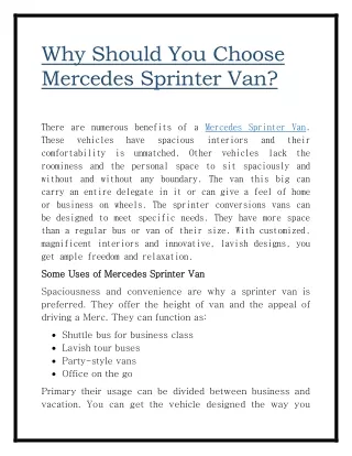 Why Should You Choose Mercedes Sprinter Van?
