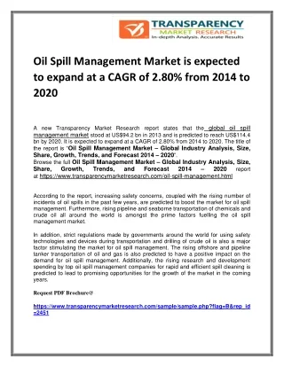 Oil Spill Management Market is expected to expand at a CAGR of 2.80% from 2014 to 2020