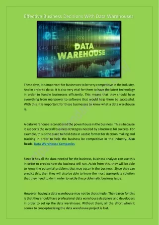 Effective Business Decisions With Data Warehouses