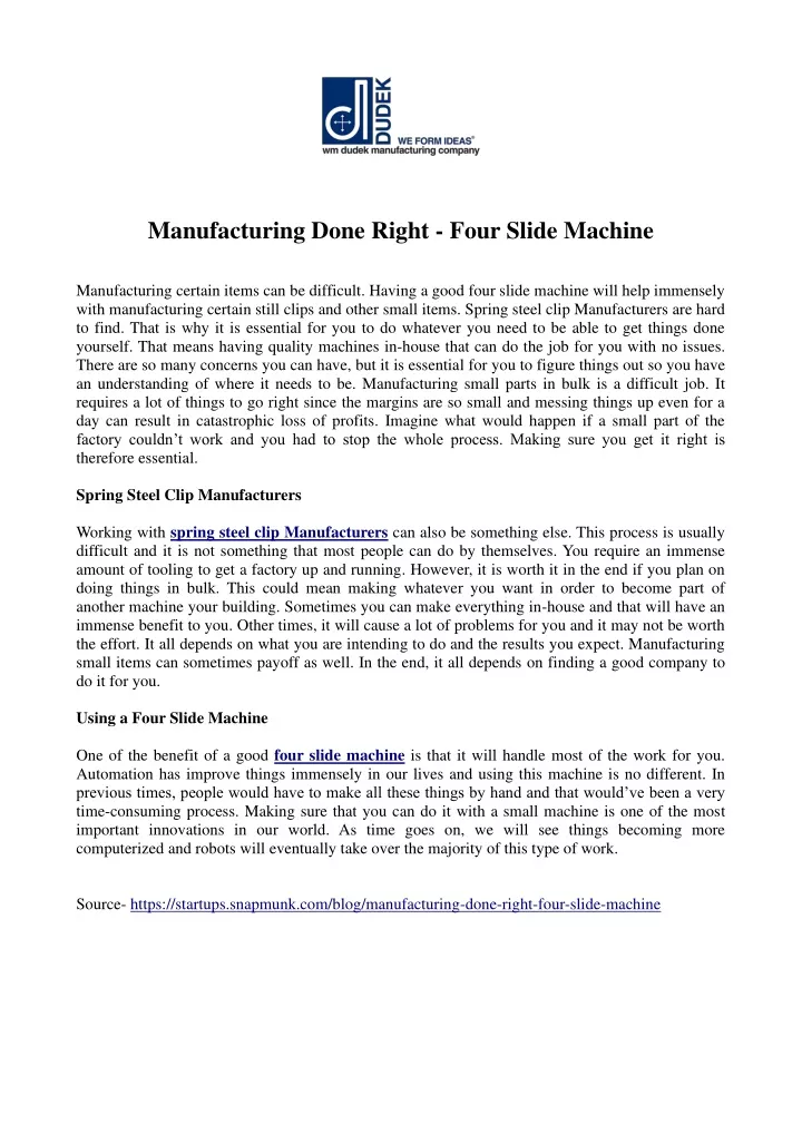 manufacturing done right four slide machine