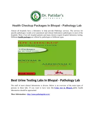 Health Checkup Packages In Bhopal - Pathology Lab