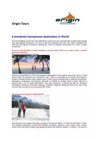 Enjoy the Honeymoon tour packages from Chennai |Origin Tours