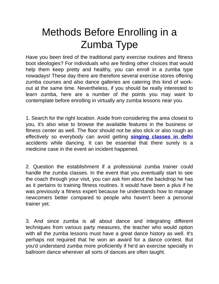 methods before enrolling in a zumba type