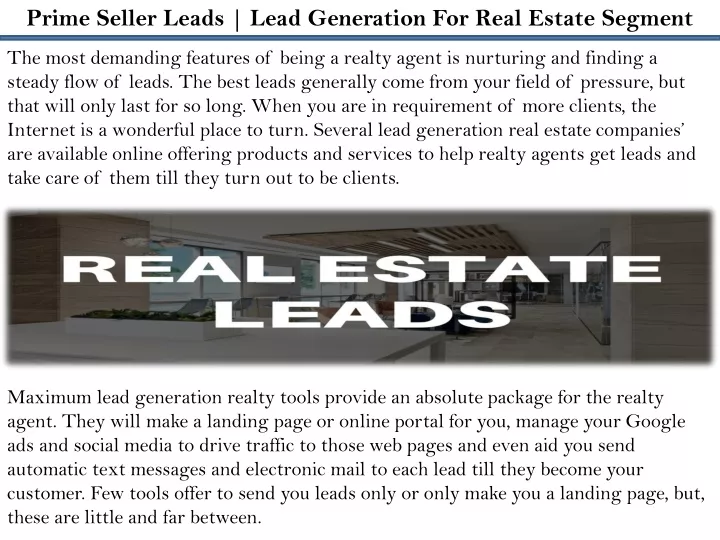prime seller leads lead generation for real