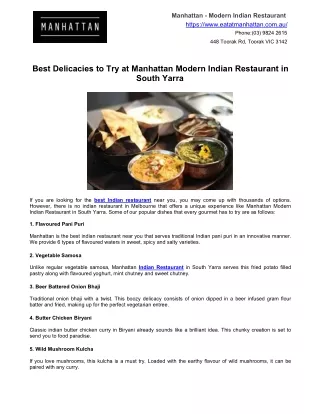 Best Delicacies to Try at Manhattan Modern Indian Restaurant in South Yarra