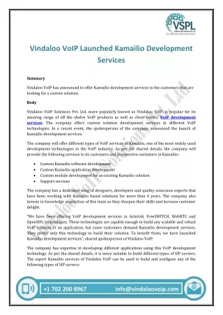 Vindaloo VoIP Launched Kamailio Development Services