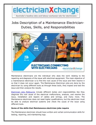 Jobs Description of a Maintenance Electrician- Duties, Skills, and Responsibilities