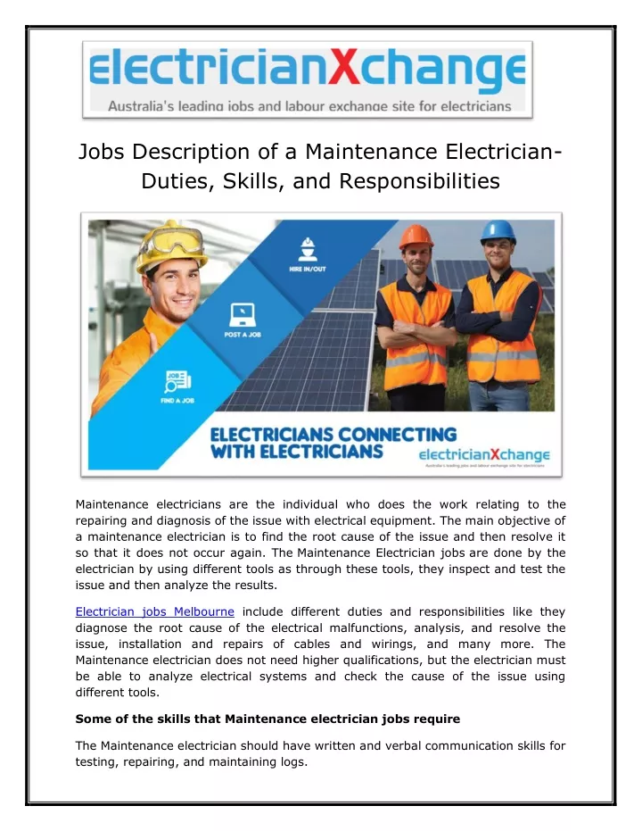 jobs description of a maintenance electrician