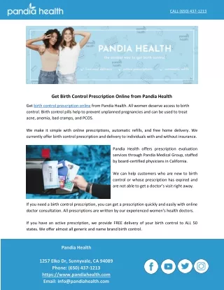 Get Birth Control Prescription Online from Pandia Health