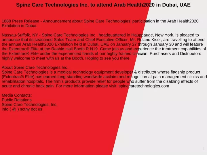 spine care technologies inc to attend arab