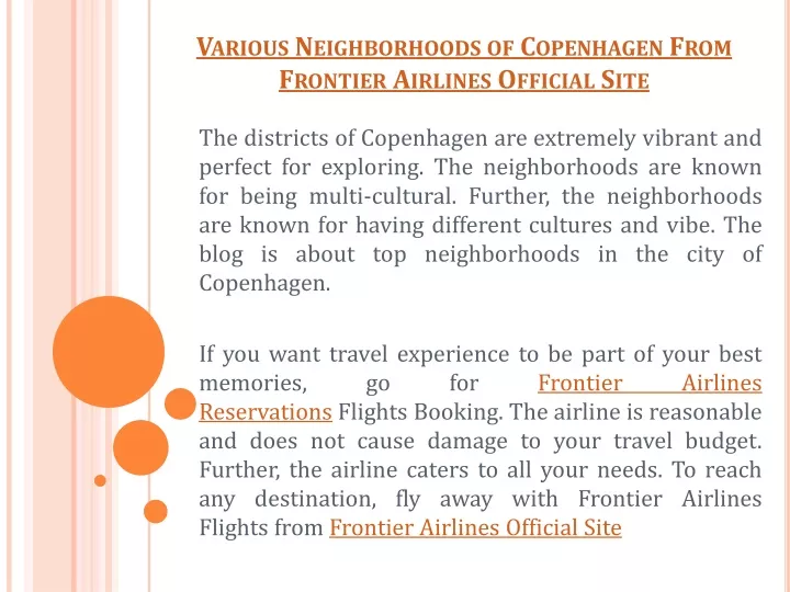 various neighborhoods of copenhagen from frontier airlines official site