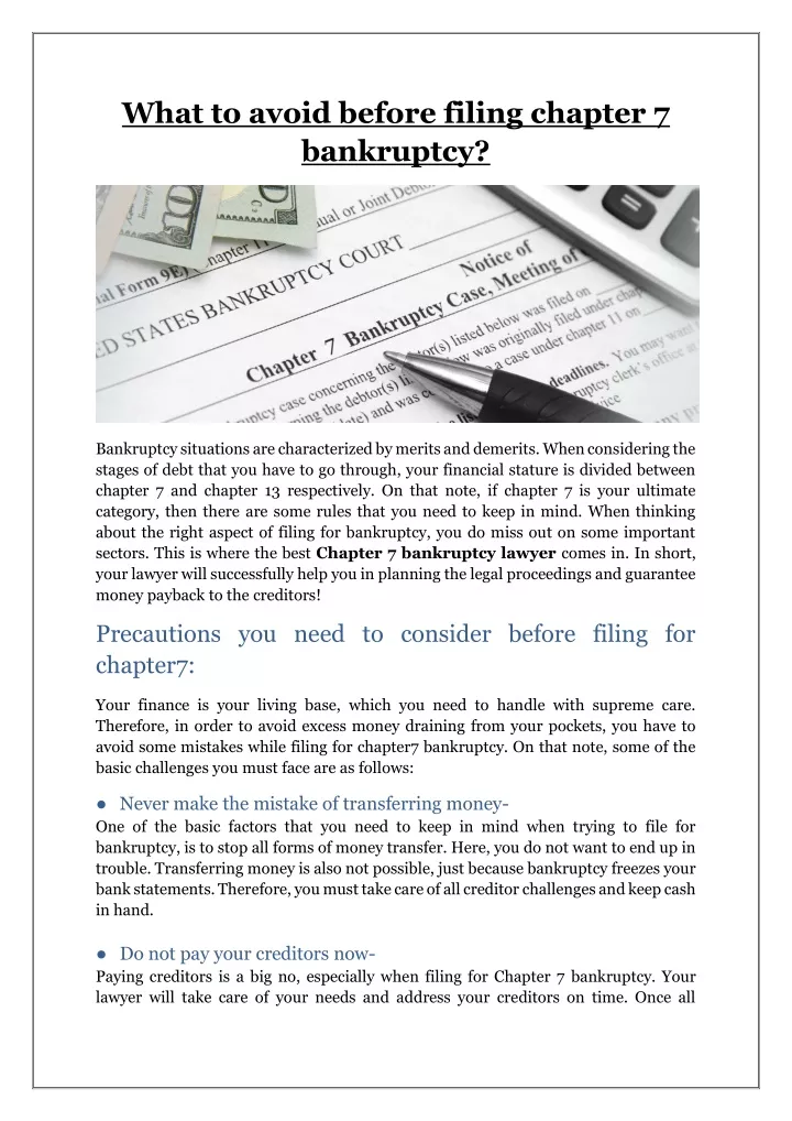 what to avoid before filing chapter 7 bankruptcy