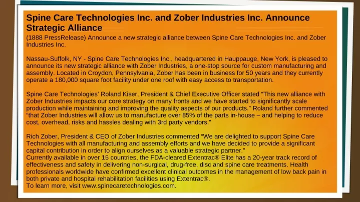 spine care technologies inc and zober industries