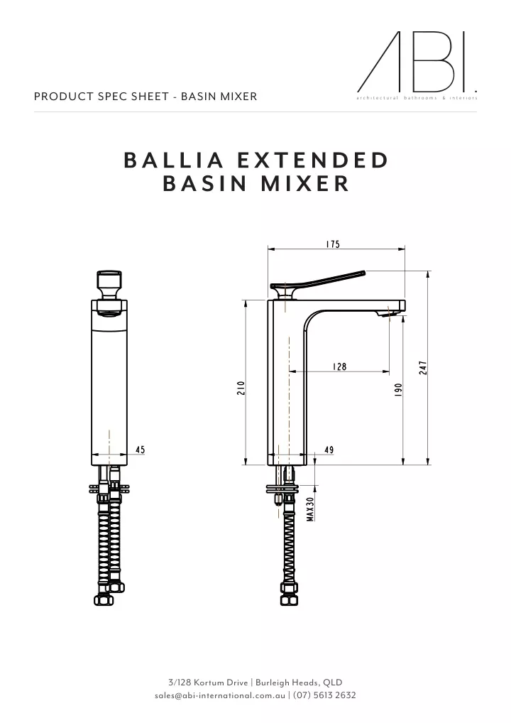 product spec sheet basin mixer