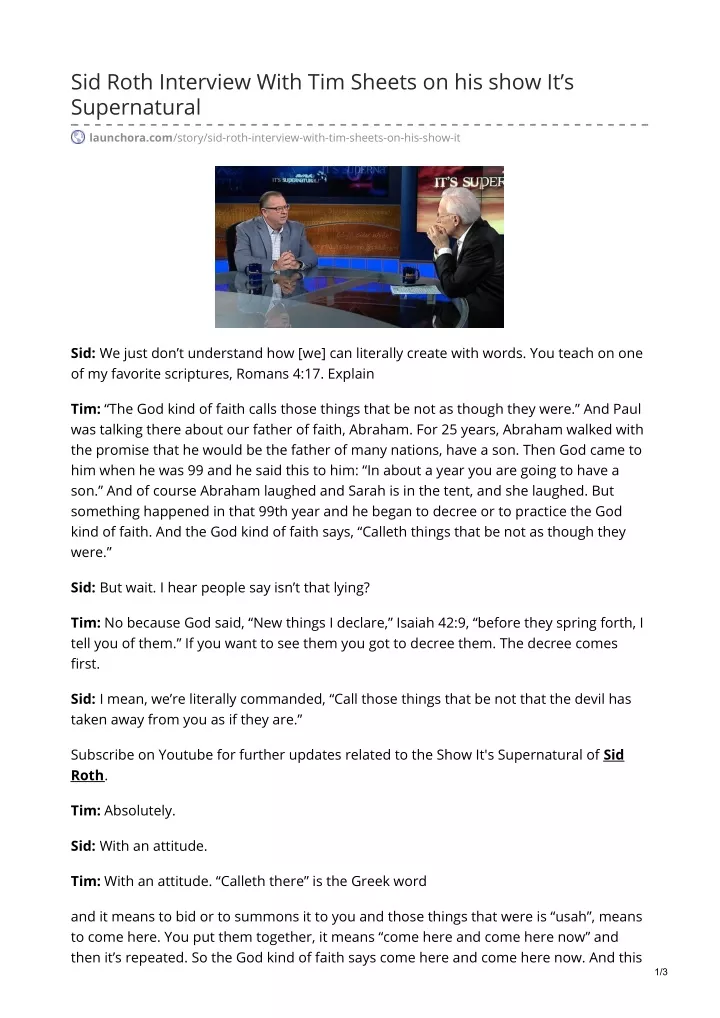 sid roth interview with tim sheets on his show