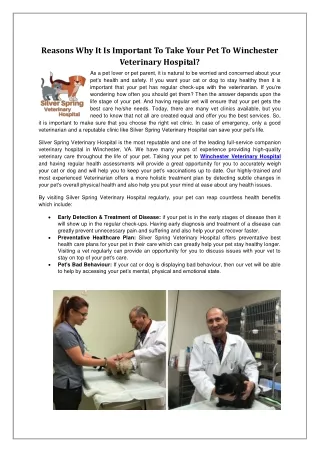Reasons Why It Is Important To Take Your Pet To Winchester Veterinary Hospital
