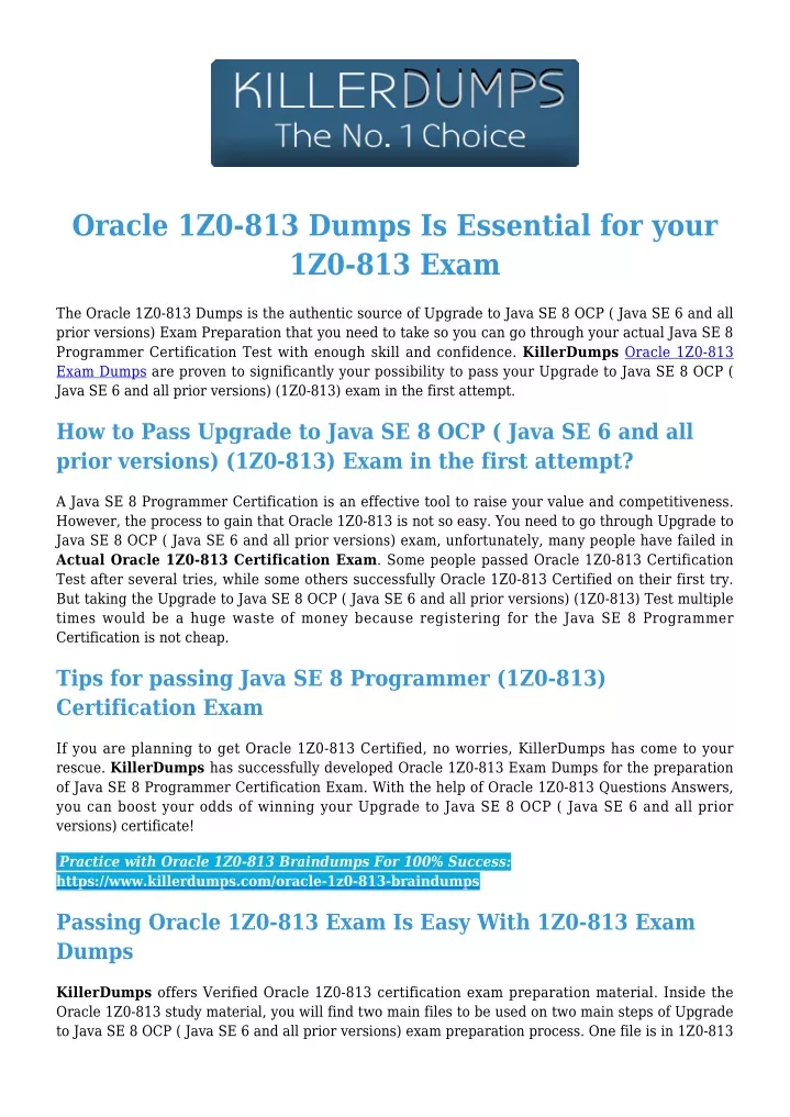 oracle 1z0 813 dumps is essential for your