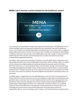 MENA: Can it become a prime hotspot for the healthcare sector?