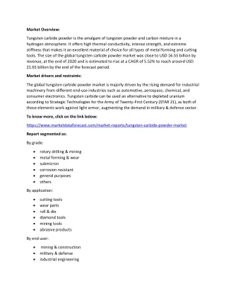 Tungsten Carbide Powder Market Outlook, Trends, Size and Growth to 2025