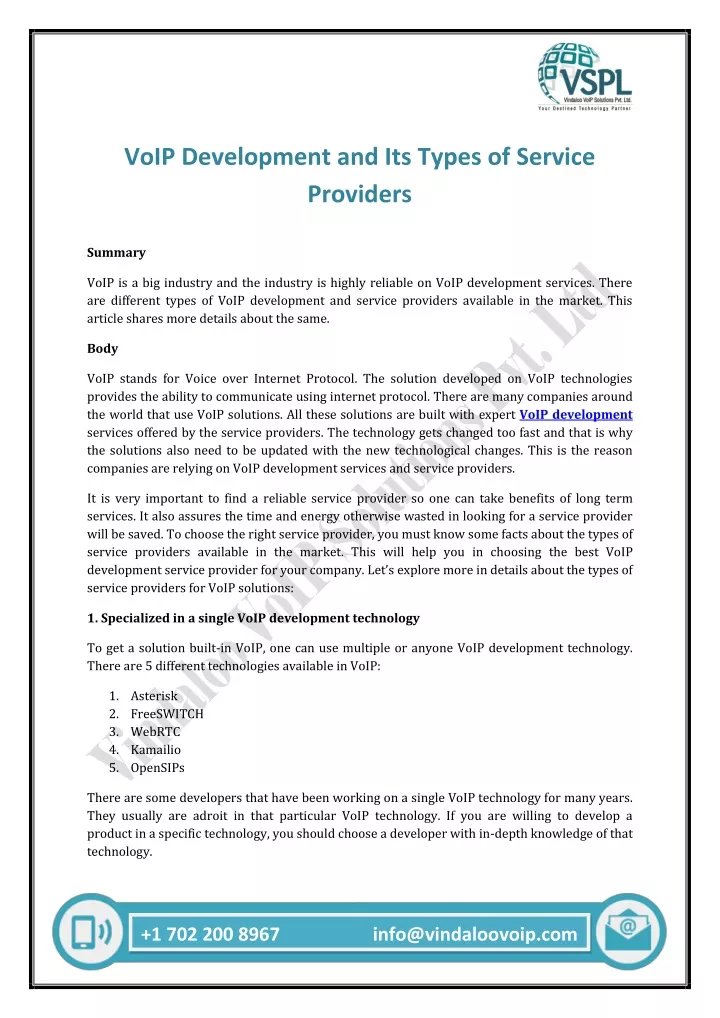 voip development and its types of service
