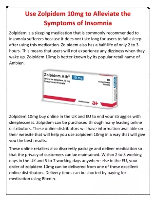 Use Zolpidem 10mg to Alleviate the Symptoms of Insomnia