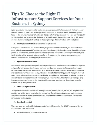 Tips To Choose the Right IT Infrastructure Support Services for Your Business in Sydney