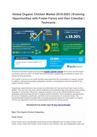 Global Organic Chicken Market 2019-2023 | Evolving Opportunities with Foster Farms and Hain Celestial | Technavio