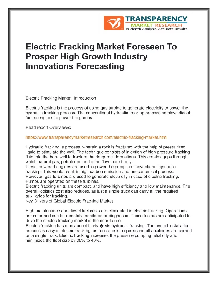 electric fracking market foreseen to prosper high