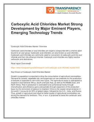 Carboxylic Acid Chlorides Market Strong Development by Major Eminent Players, Emerging Technology Trends