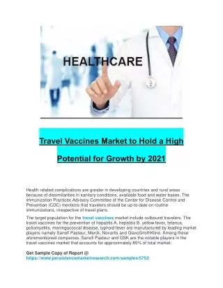 Travel Vaccines Market set to record exponential growth by 2021 end