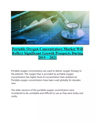 Portable Oxygen Concentrators Market Will Reflect Significant Growth Prospects During 2015 – 2021