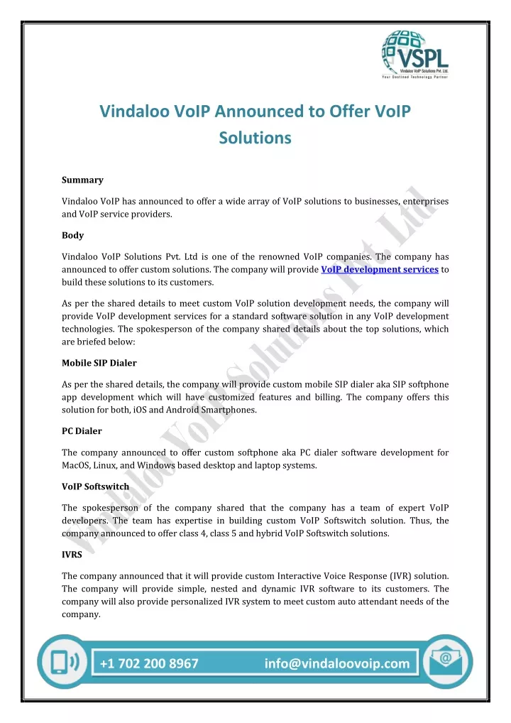 vindaloo voip announced to offer voip solutions