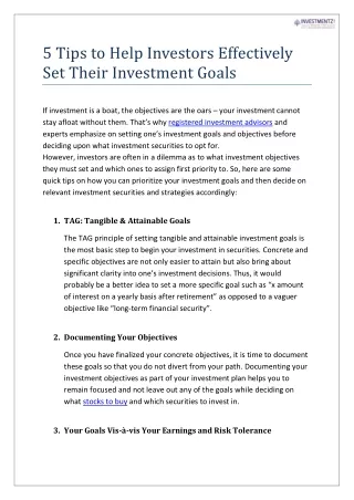 5 Tips to Help Investors Effectively Set Their Investment Goals