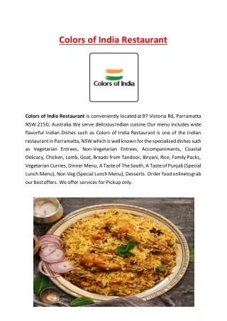 5% Off - Colors of India Restaurant Parramatta Menu, Nsw